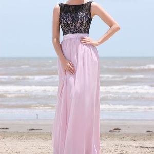 Da Vinci Pink bodice& skirt, black lace prom dress